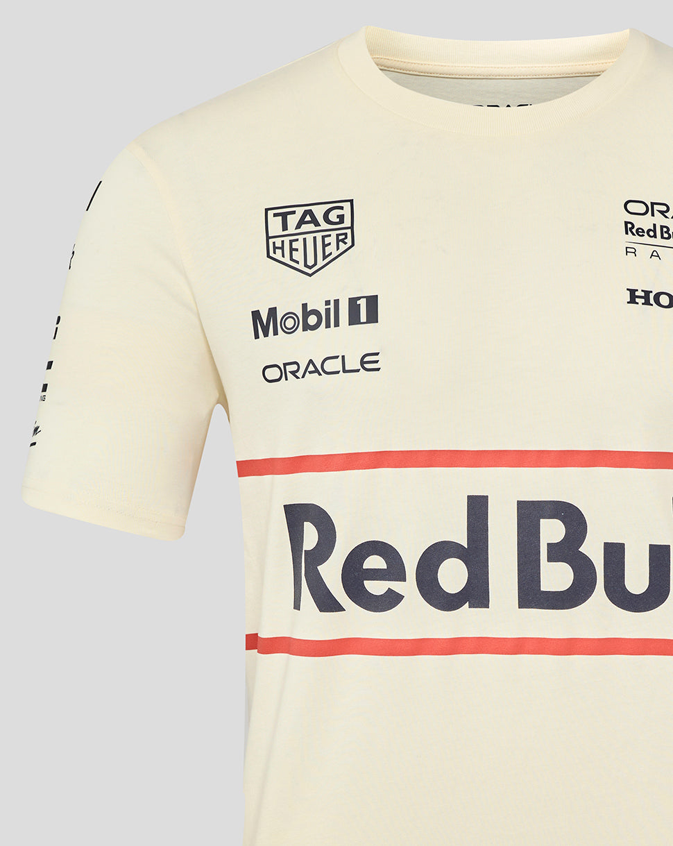 Egret heritage short sleeve T shirt featuring a bold Red Bull logo across the chest with sponsor logos on the front