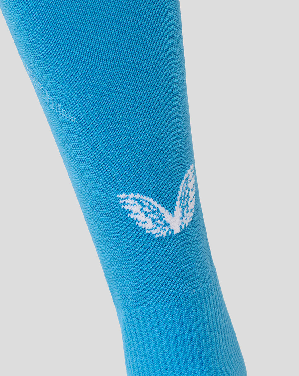 Close up of a bright blue Preston 25/26 Third Goalkeeper Sock with a white wing logo.