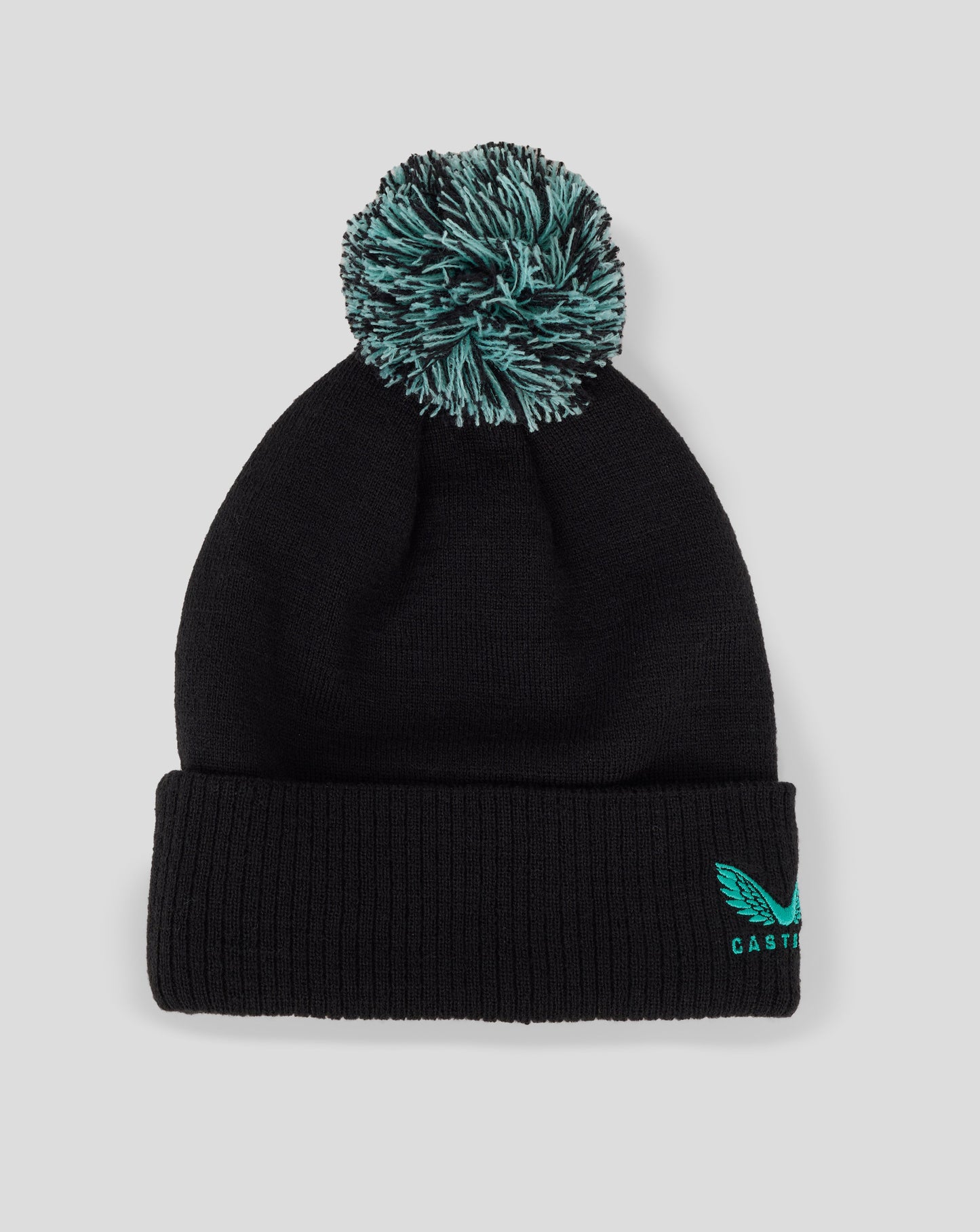 Black knit beanie with teal Castore crest and lettering on the cuff