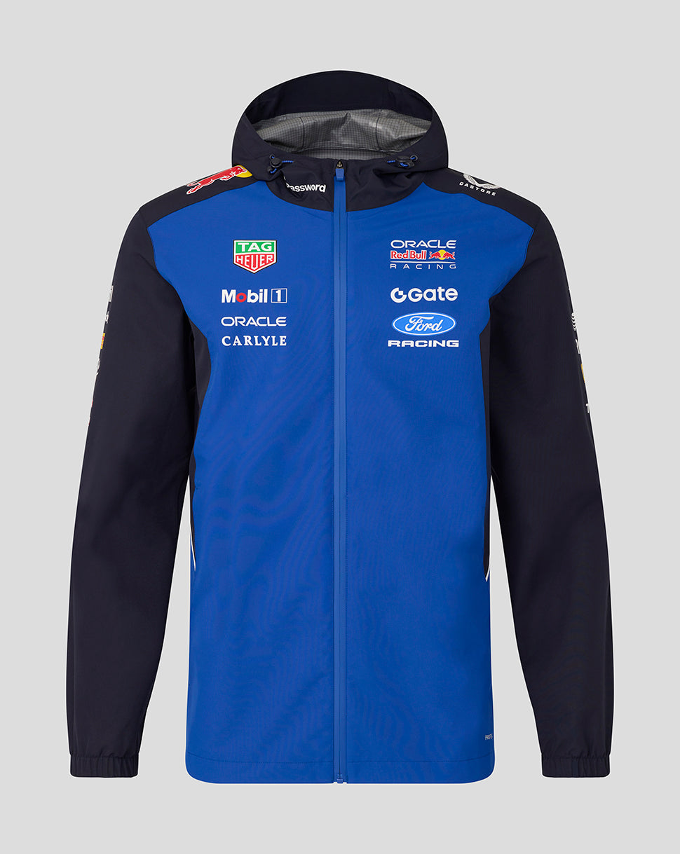 Front view of Oracle Red Bull Racing Teamline water resistant jacket in Night Sky blue with navy sleeves and hood, featuring team branding.