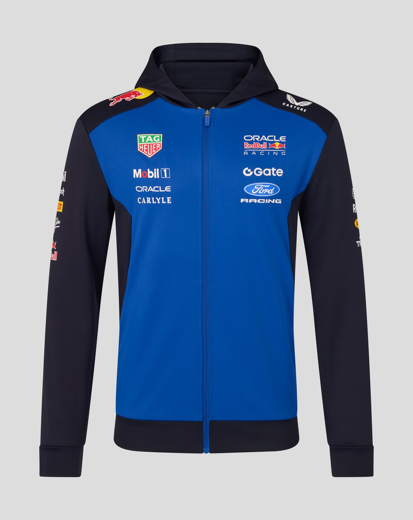 Front view of blue and black Oracle Red Bull Racing Teamline hoodie with sponsor logos on chest.