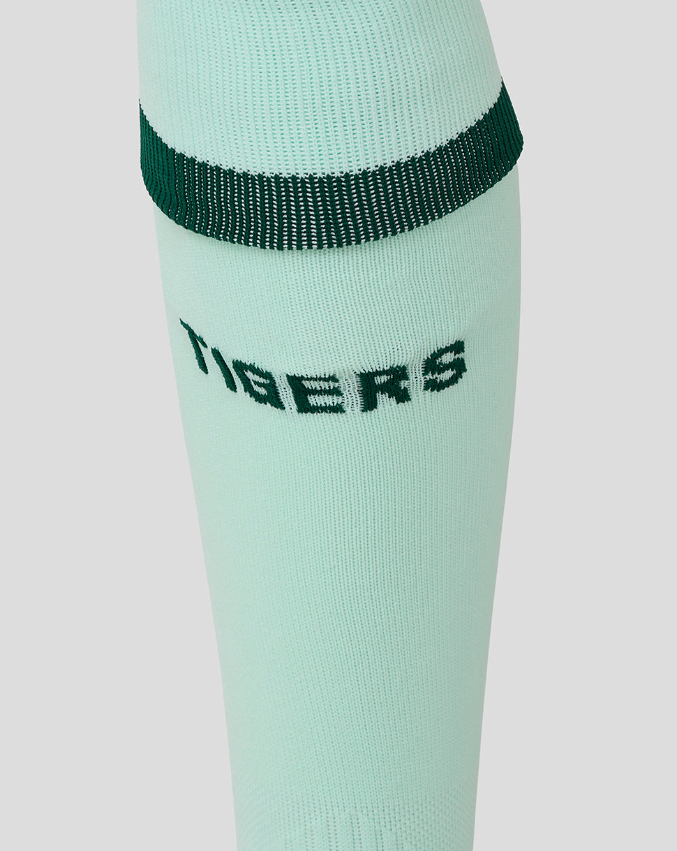 Mint green Leicester Tigers 25/26 Pro Away sock featuring a dark green cuff and Tigers branding along the side