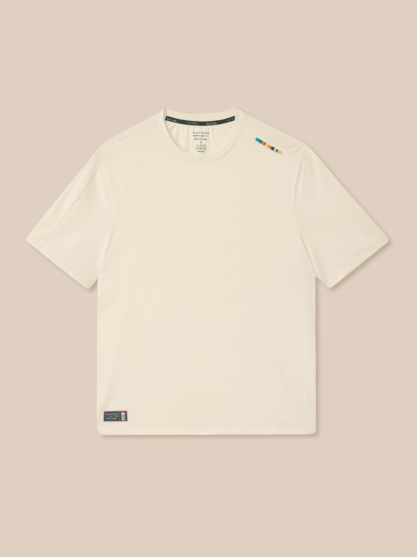 Cream unisex Paul Smith x Castore England cricket jacquard T shirt with crew neck and multicolor shoulder stripe