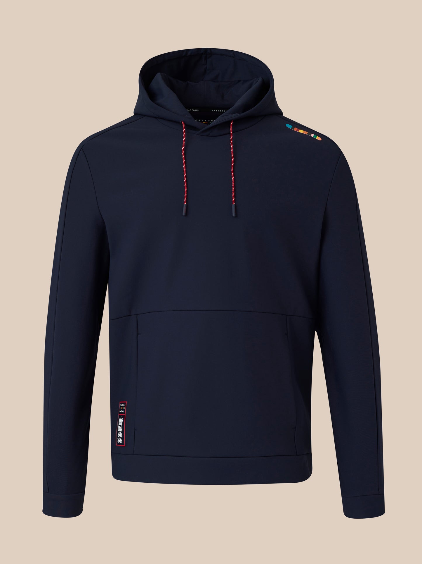 Navy hoodie with red drawcords signature stripe and ECB patch at the front hem.