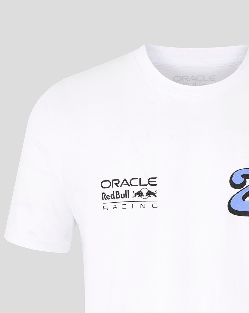 White Oracle Red Bull Racing unisex T shirt with a small left chest logo and a bold blue wave graphic on the front