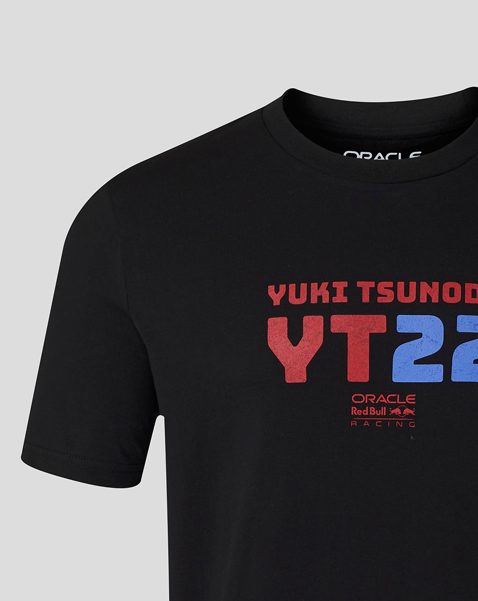 Close-up of front of black Oracle Red Bull Racing Yuki Tsunoda 22 graphic T shirt showing YT22 lettering and Oracle logo