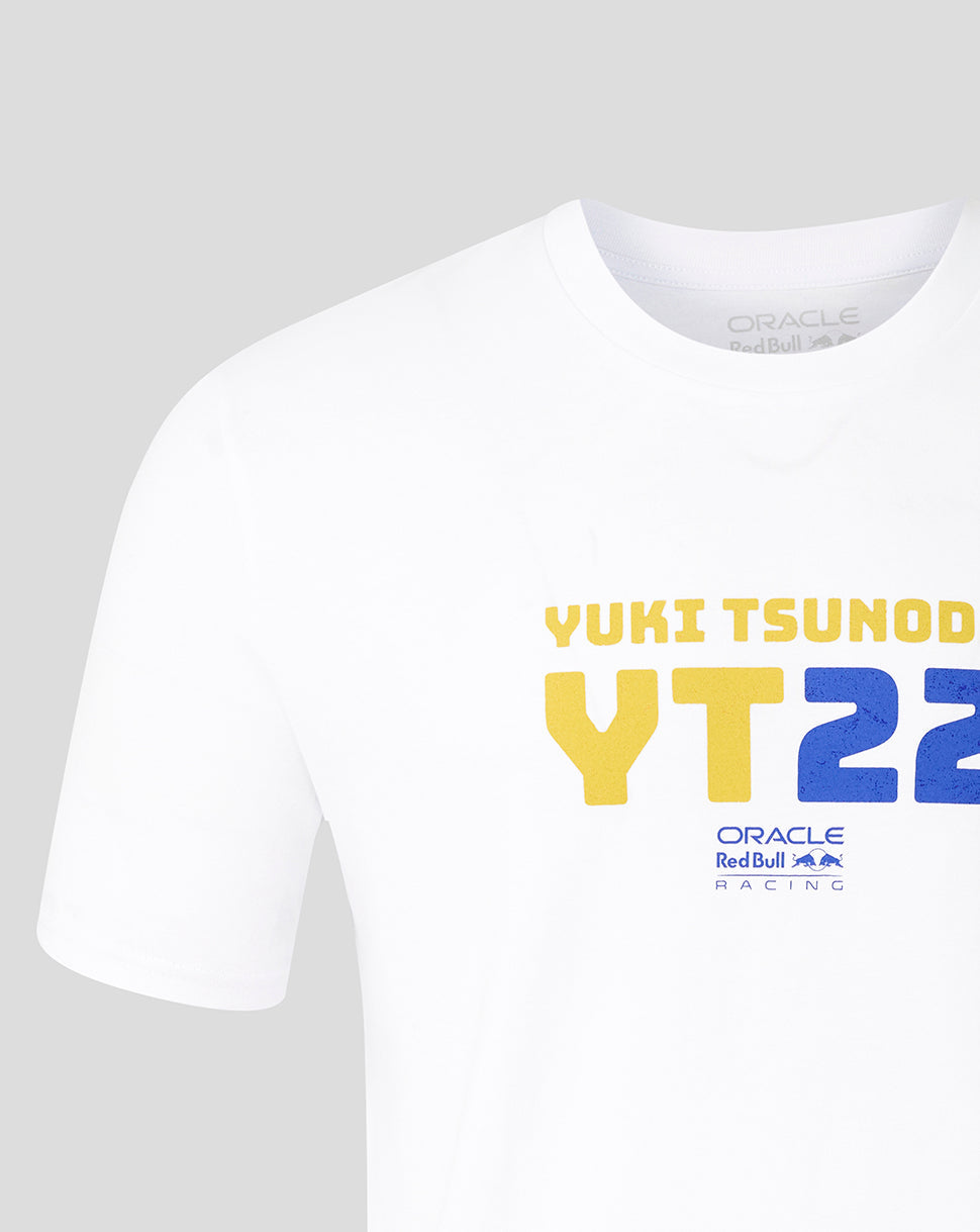 White Oracle Red Bull Racing T shirt with Yuki Tsunoda YT22 in bold yellow and blue on the chest.
