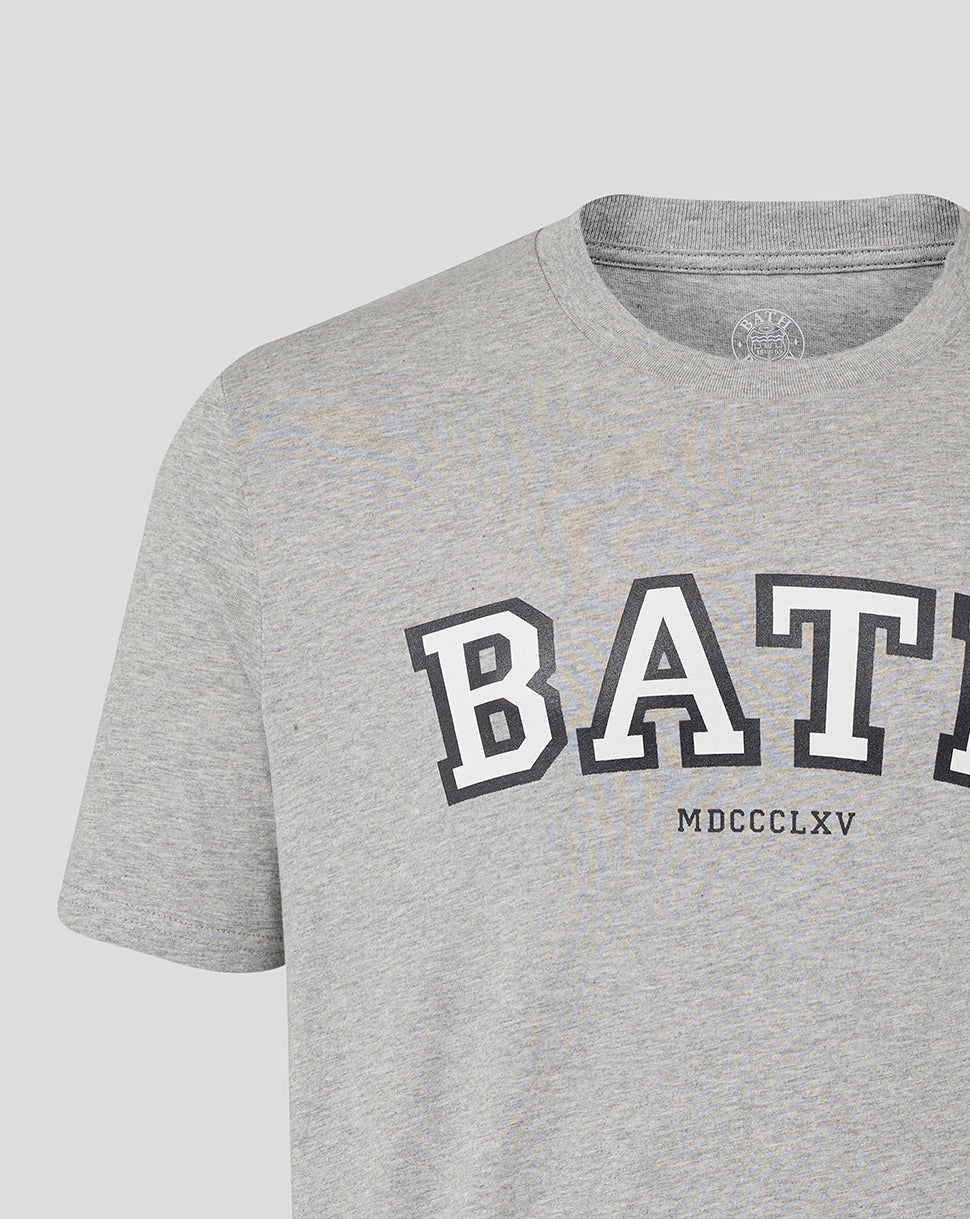 Front view of heather grey Bath Rugby unisex varsity tee with bold Bath lettering and MDCCCXLV roman numerals
