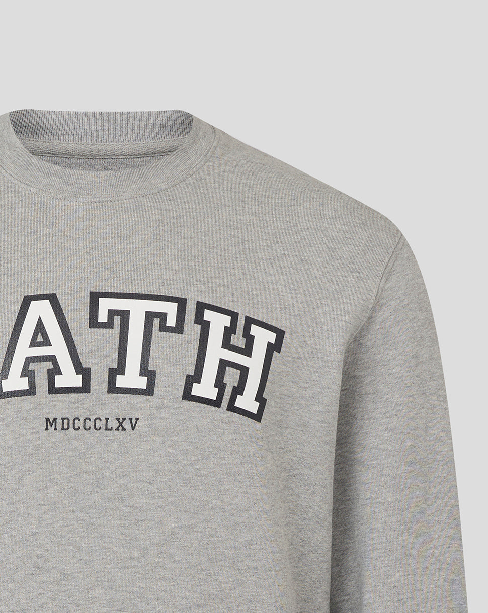 Heather grey Bath Rugby unisex varsity crew sweatshirt with bold collegiate lettering across the chest