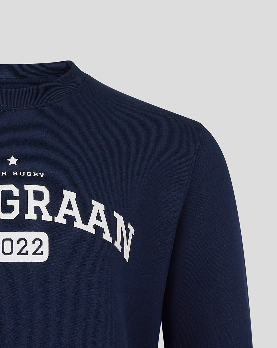 Close-up of navy sweatshirt showing large white VAN GRAAN lettering and 2022 graphic