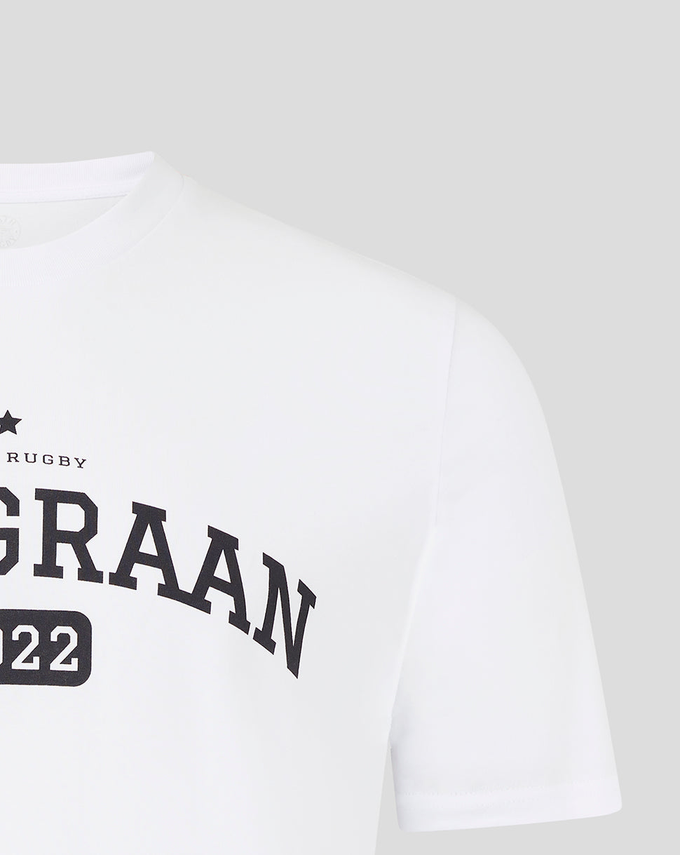 Front view of white Bath Rugby Van Graan tee with bold curved graphic across chest