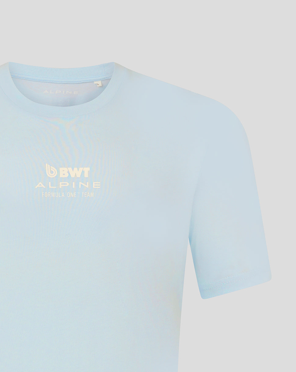 Ice blue Alpine Formula One Team unisex T shirt with BWT Alpine chest logo in white and gold