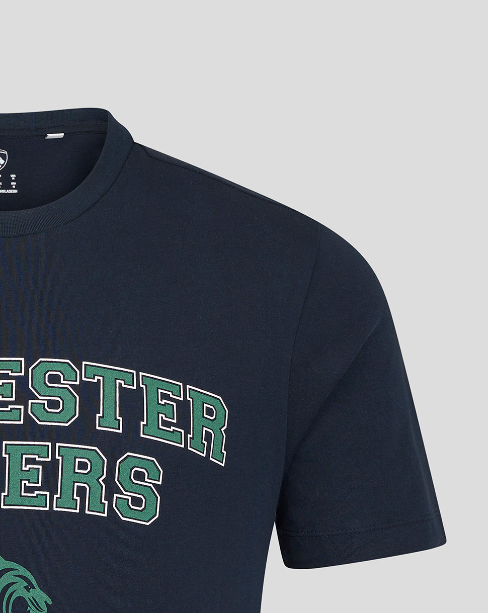 Close up of navy T shirt front with LEICESTER TIGERS print and visible shoulder seam