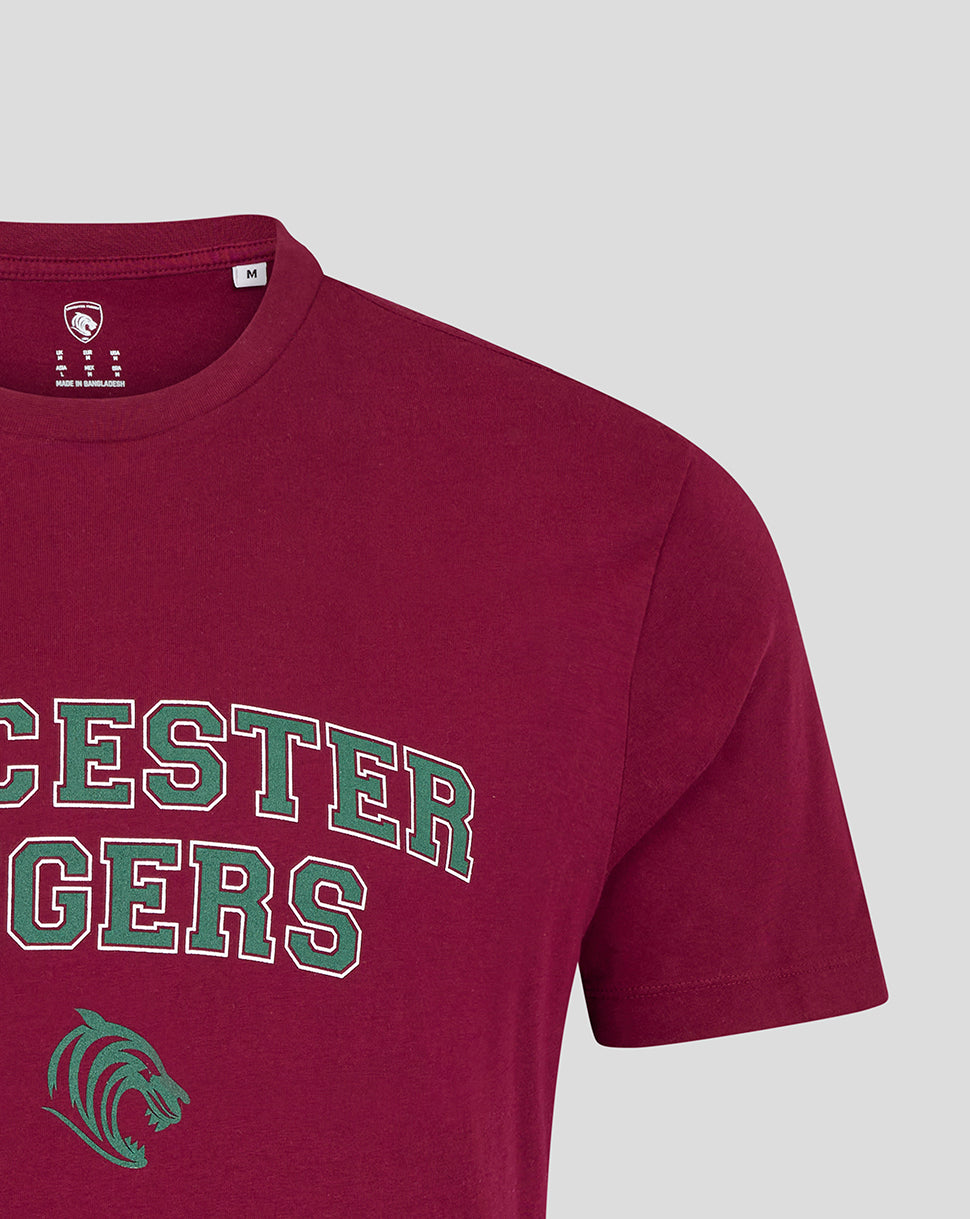 Burgundy Leicester Tigers unisex varsity short sleeve T-shirt viewed from chest to shoulder with large front graphic