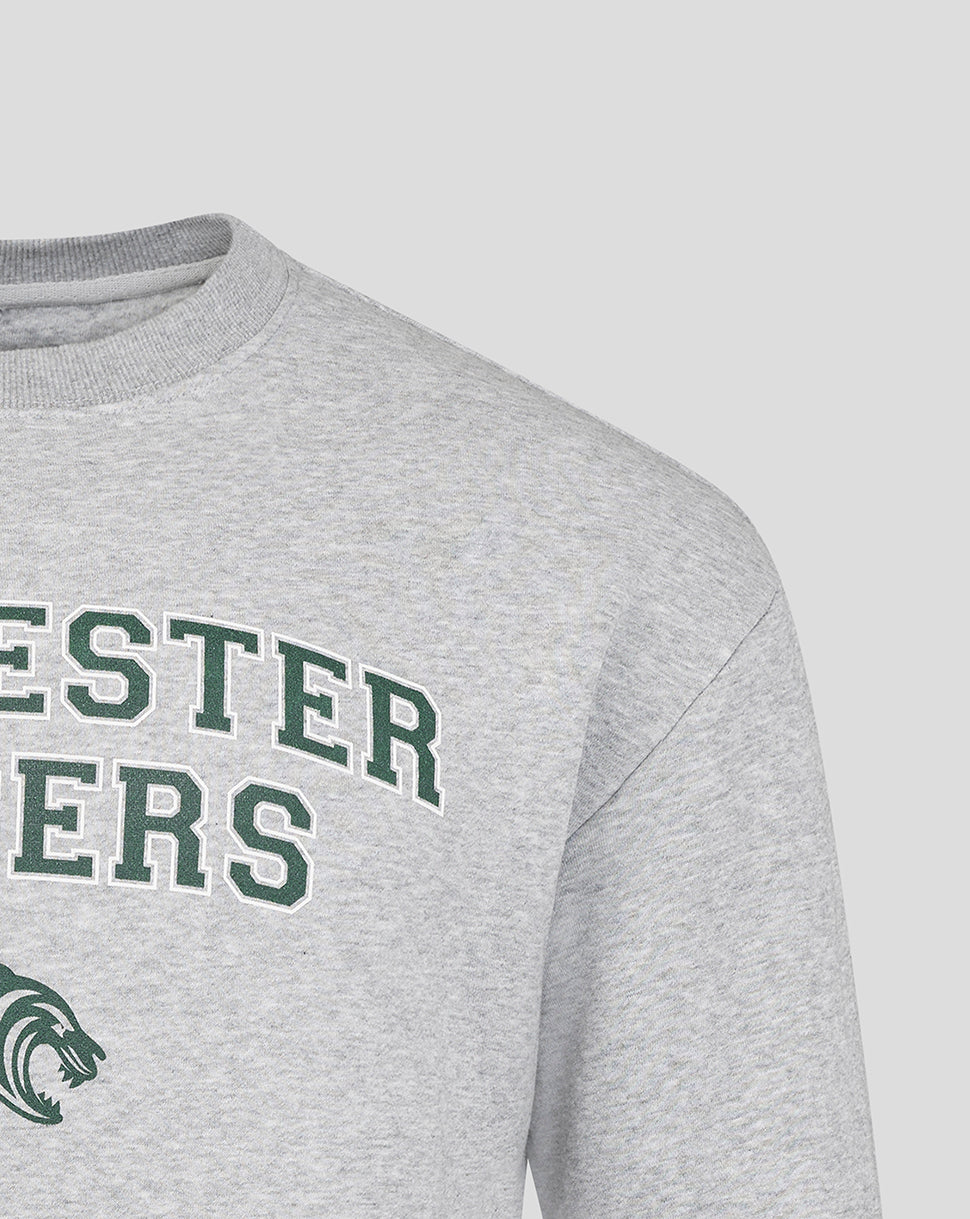 Grey Leicester Tigers varsity crew sweatshirt close-up of chest with green outlined lettering and tiger logo.