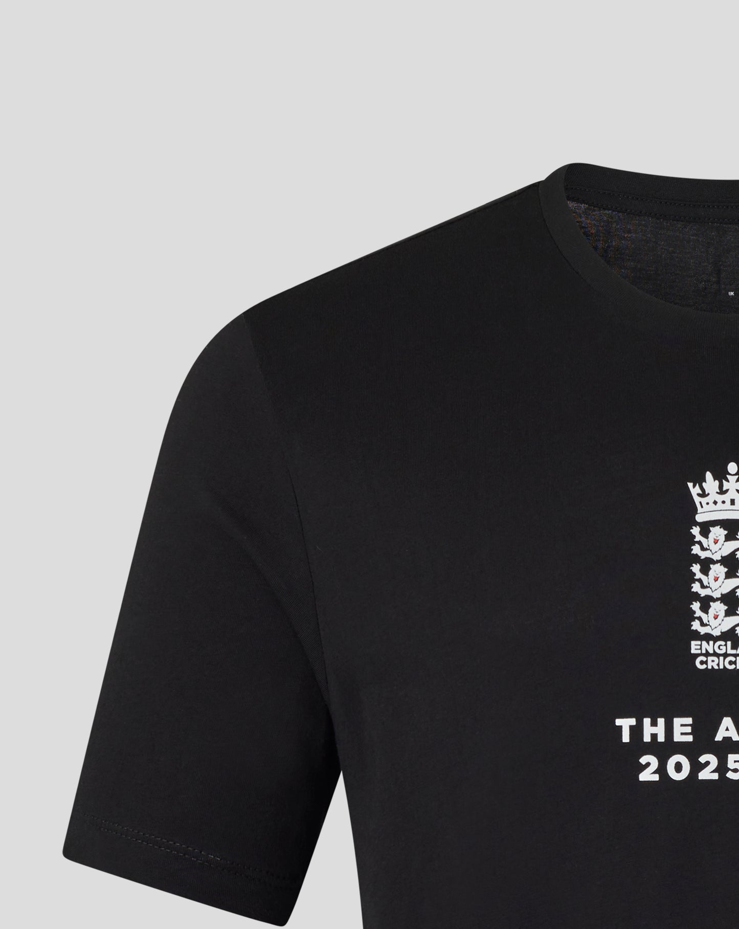 Black England cricket unisex T shirt with white crest and THE ASHES 2025/26 text on front