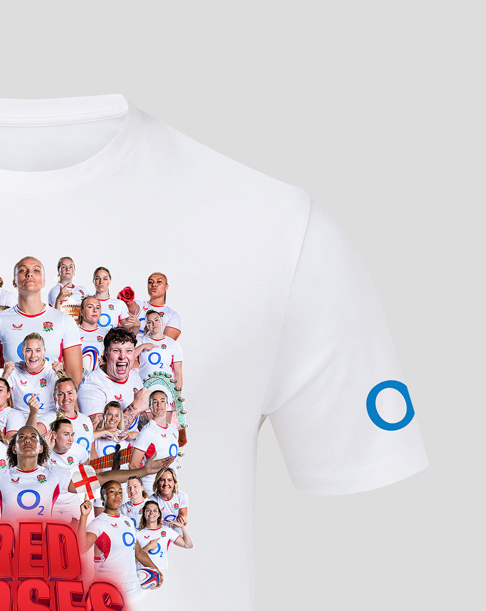 Partial front view of a white unisex England Rugby Red Roses Winners T shirt with a blue circular logo on the sleeve and part of the team collage on the chest.