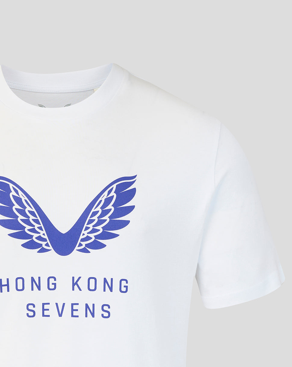 Front view of white T shirt featuring bold blue wing crest and Hong Kong Sevens lettering.