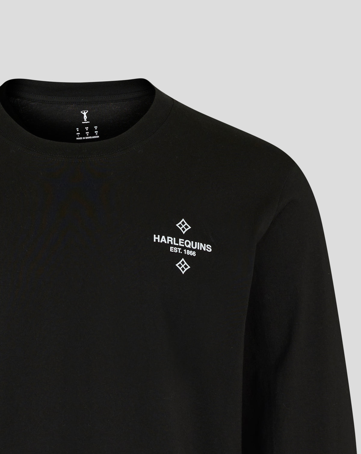 Harlequins Nunquam Dormio black long sleeve t shirt with white chest logo.