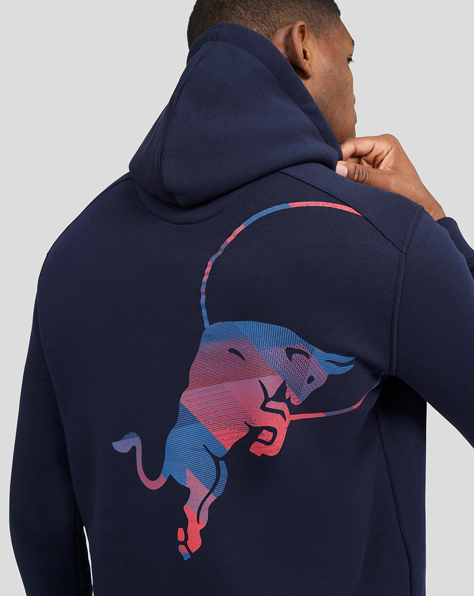 Back view of Oracle Red Bull Racing navy hoodie with large multicolor bull graphic.