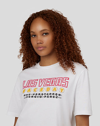 White Oracle Red Bull Racing T shirt with Las Vegas graphic worn by a model