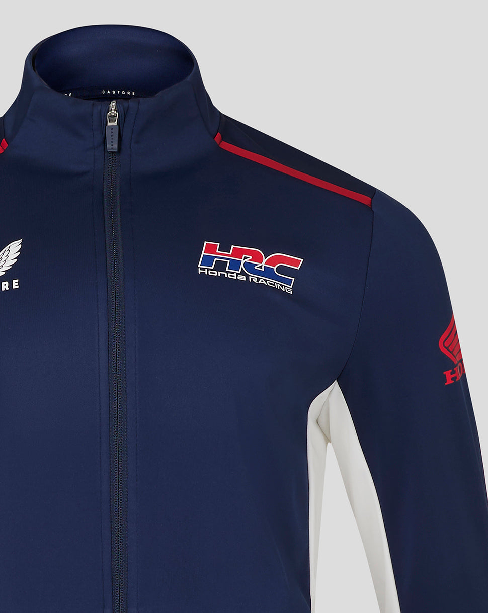 Close up of navy Honda Racing softshell jacket with HRC logo on the chest and red Honda emblem on the sleeve