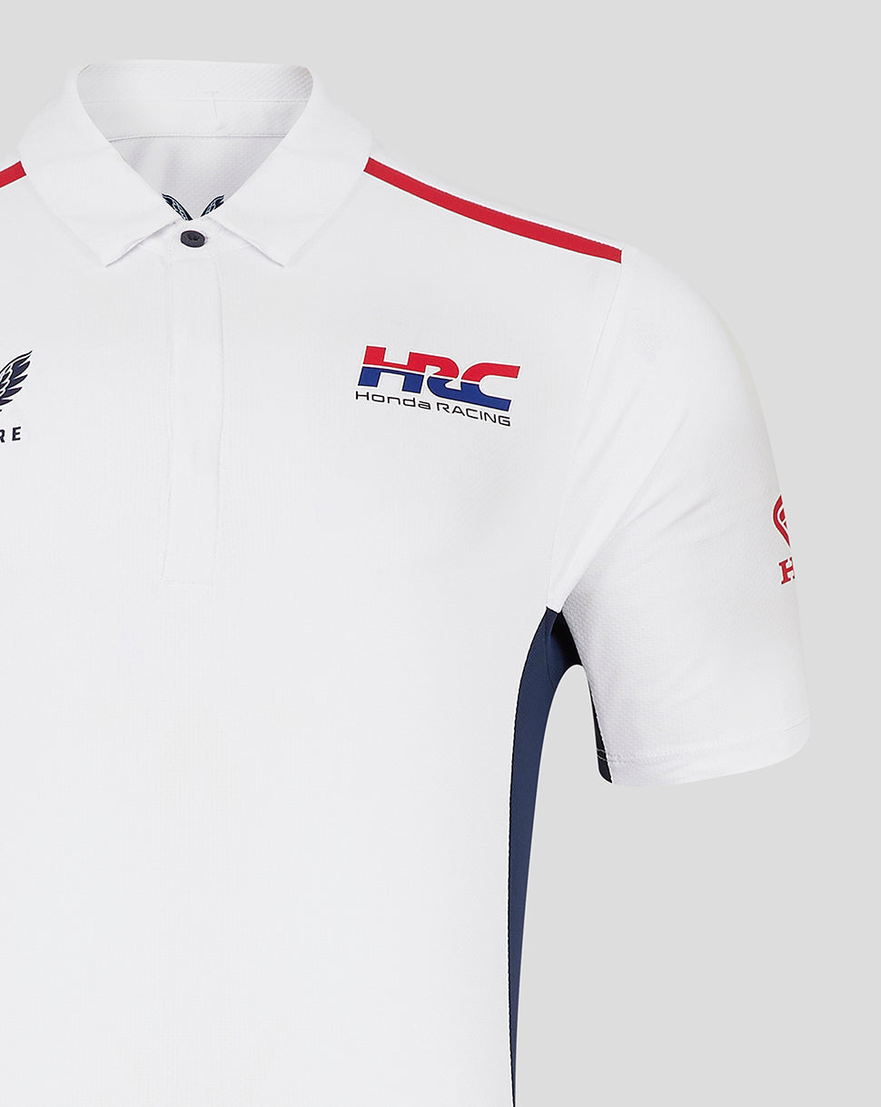 White Honda Racing polo with red stripe on the shoulder and navy side panels, features HRC Honda Racing chest logo