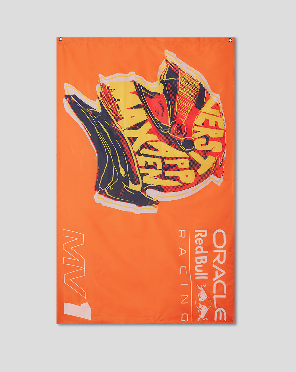 Exotic orange Red Bull Racing Max Verstappen flag with metal eyelets for hanging and bold branding