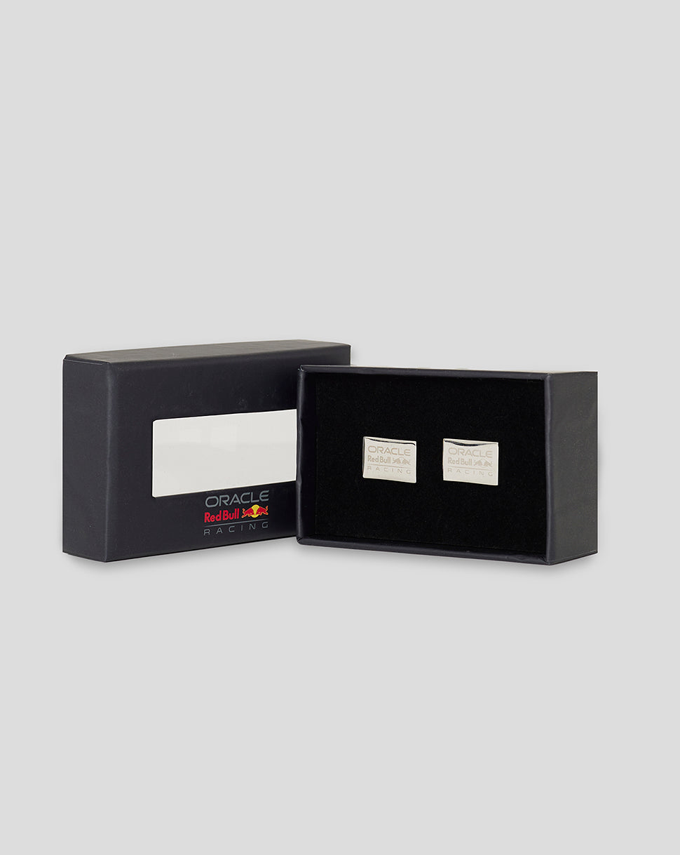 Silver cufflinks with engraved Red Bull Racing logo in a black presentation box