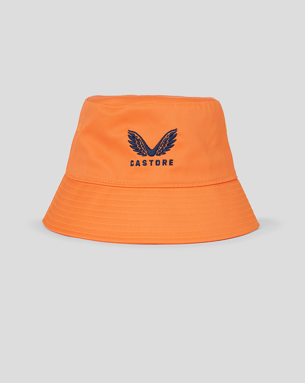 Bright orange unisex bucket hat with navy Castore logo on the front and small eyelets