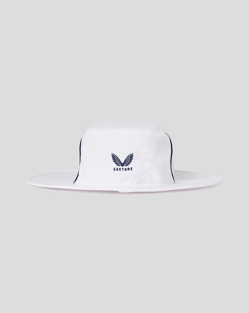 White Test Wide Brim England cricket hat with Castore logo and navy piping along the crown.
