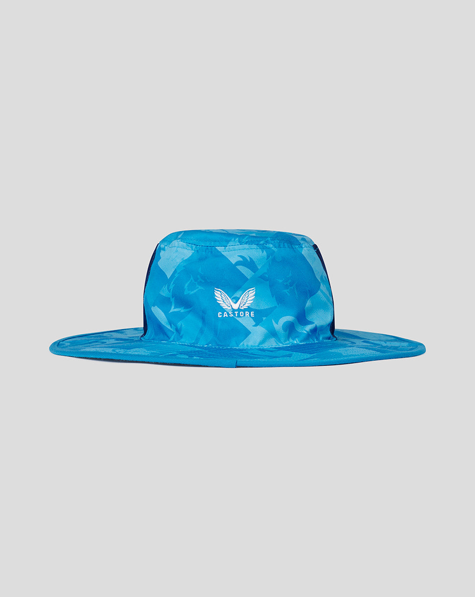 Blue reversible England cricket wide brim hat shown from the back with Castore branding