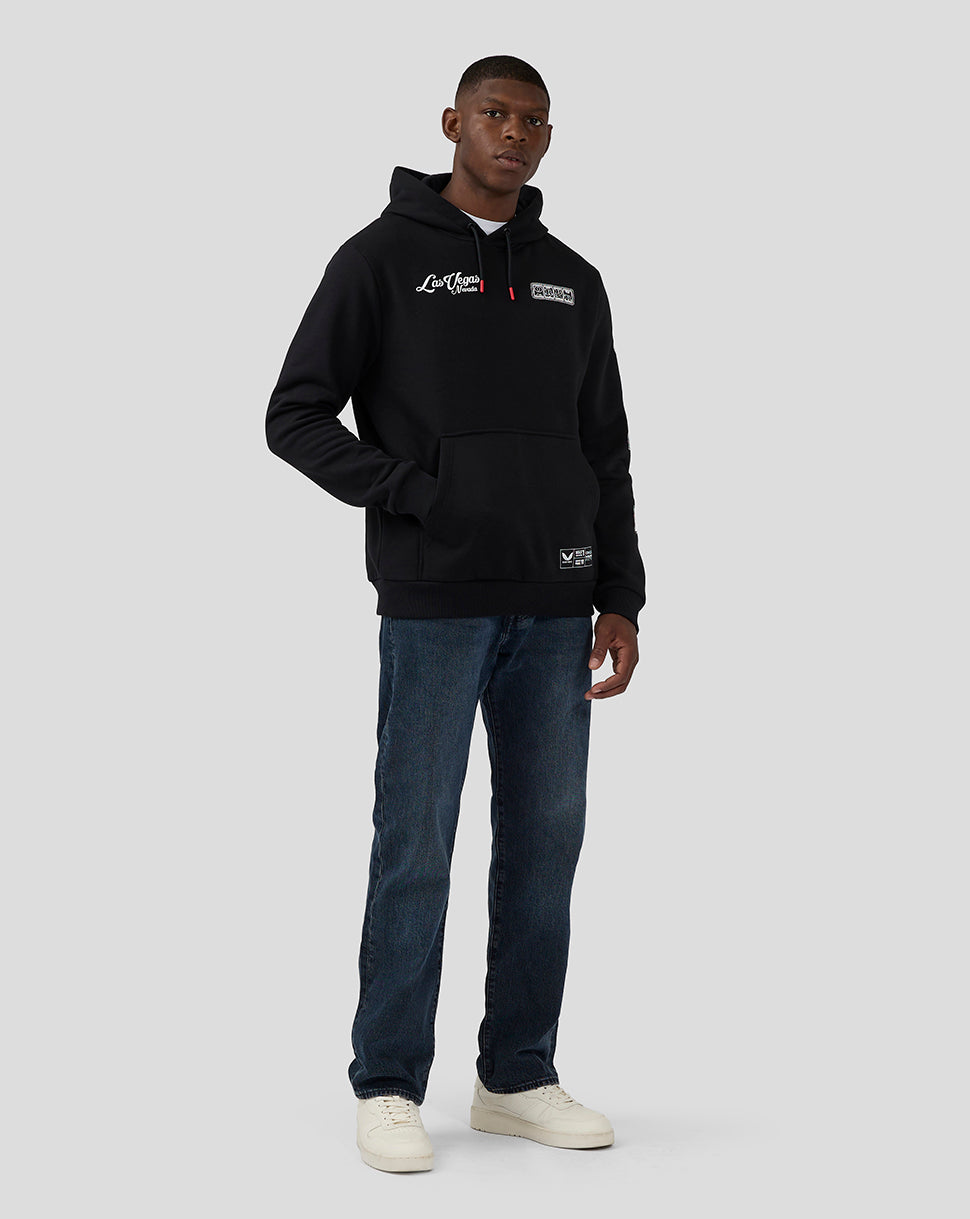 Male model wearing black Oracle Red Bull Racing Las Vegas hoodie with logo patches