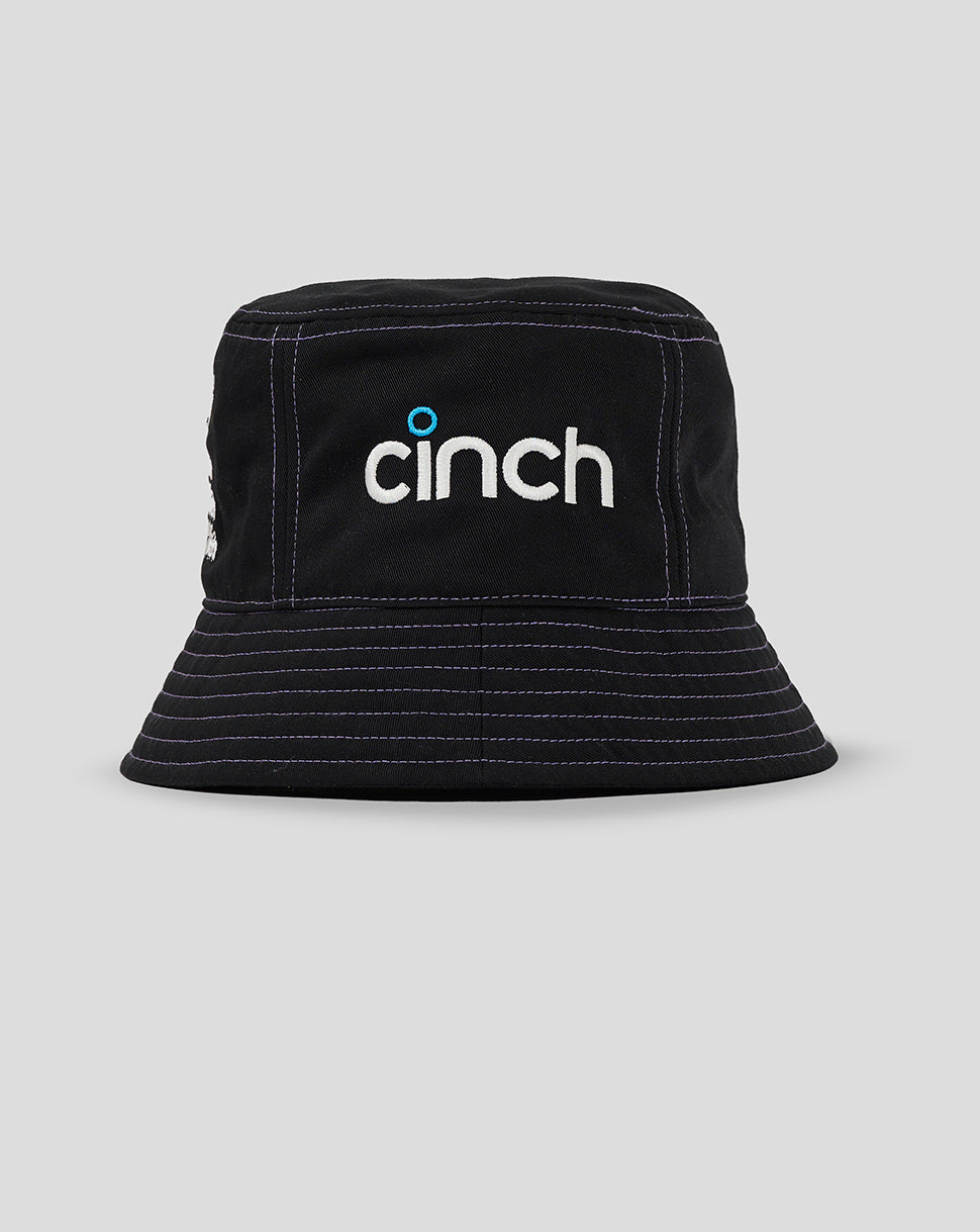 Black bucket hat with cinch branding on the side