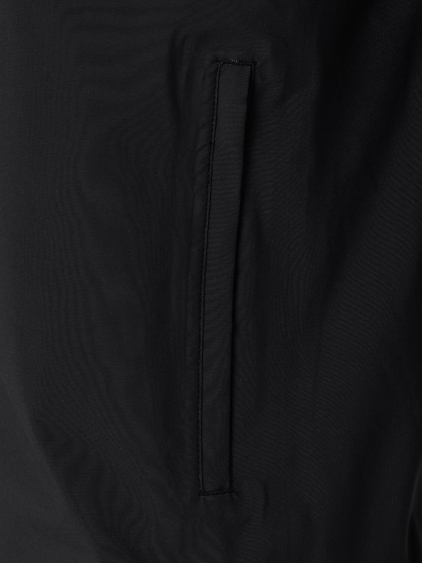 Close-up of black waterproof jacket fabric showing a vertical zip pocket.
