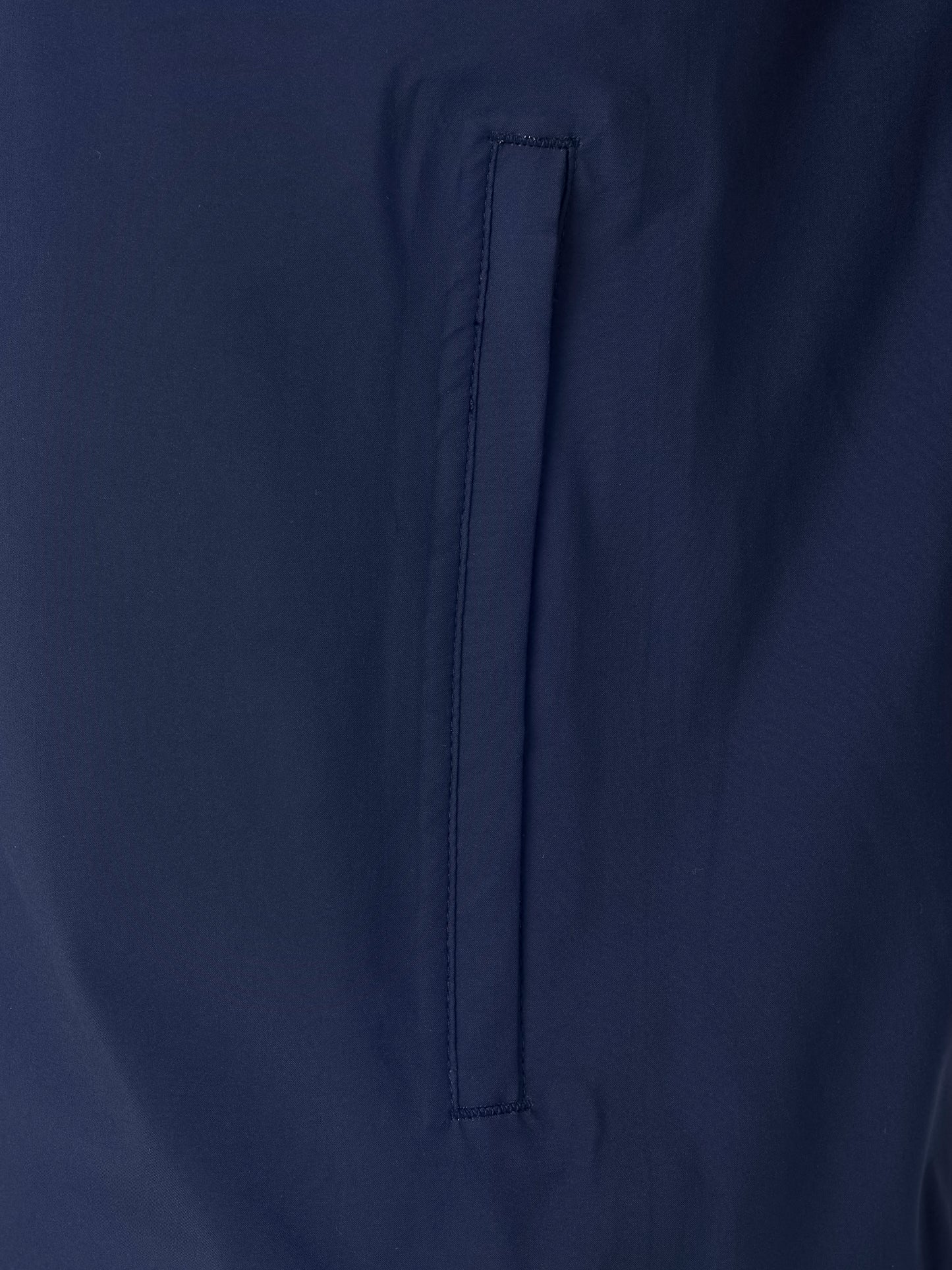 Close up of navy waterproof jacket fabric showing a vertical pocket opening with reinforced seam