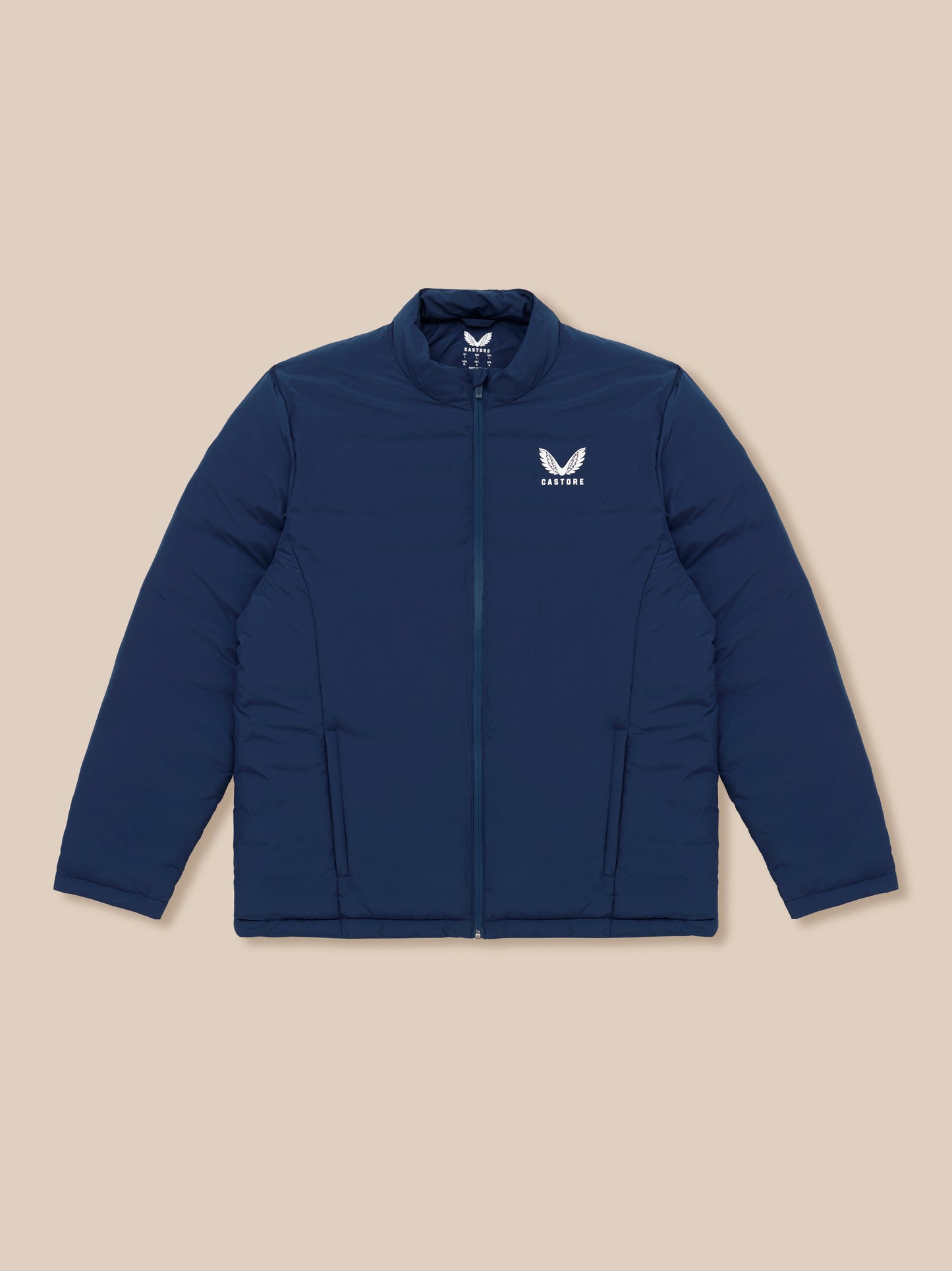 Navy padded unisex jacket with white wing logo on the left chest and full front zipper
