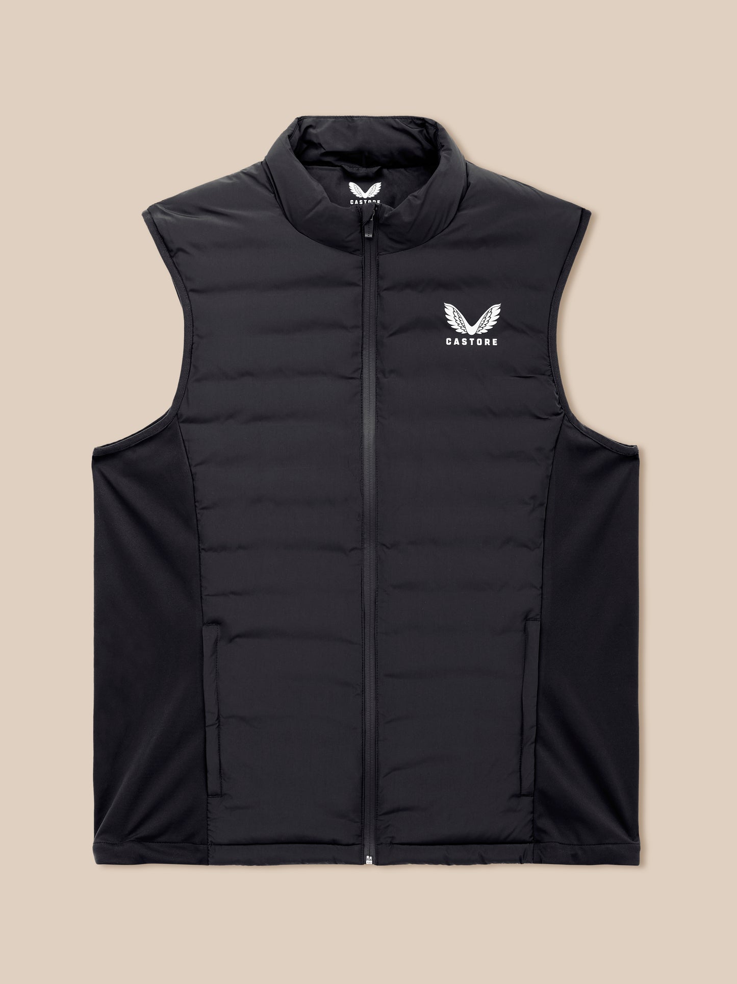 Black padded unisex gilet with white wing logo and CASTORE text on the chest
