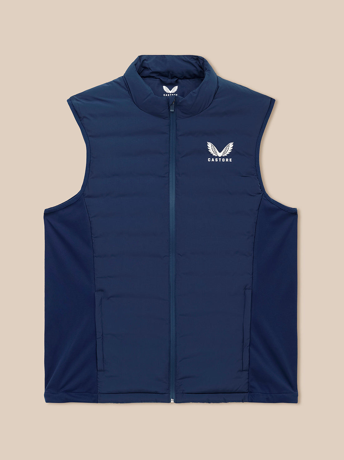 Padded unisex navy gilet with front zip and stand collar, white CASTORE logo on the chest