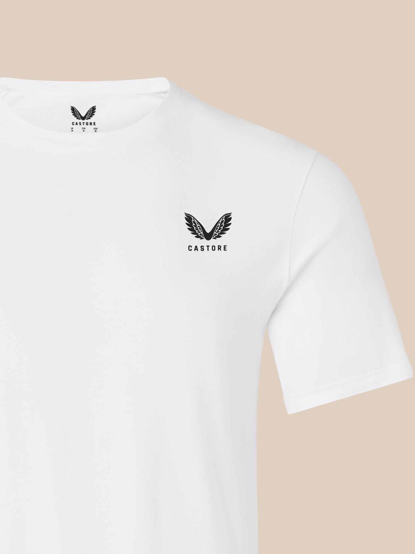 White unisex short sleeve cotton T shirt with a black Castore wing logo on the chest and a ribbed collar