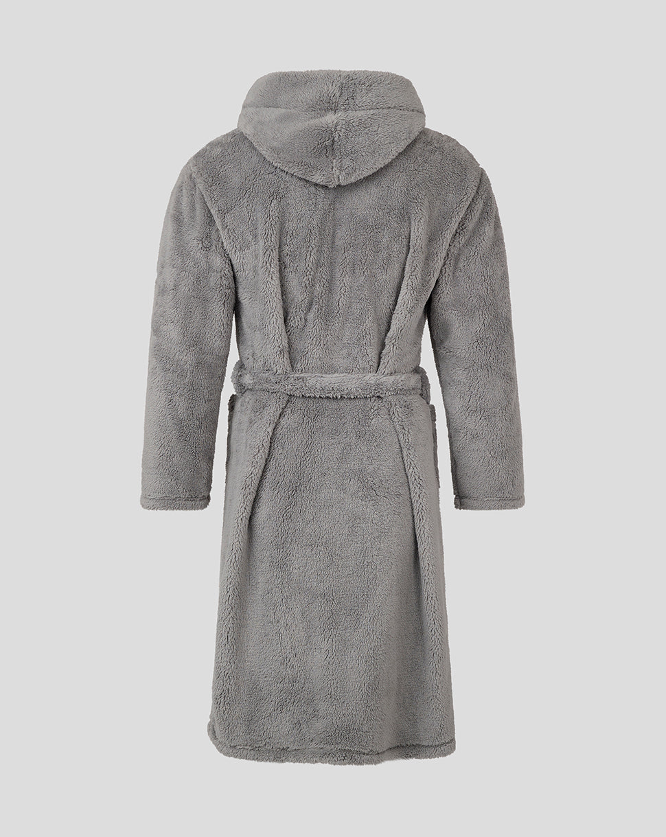 Back view of grey plush dressing gown with hood and belt.