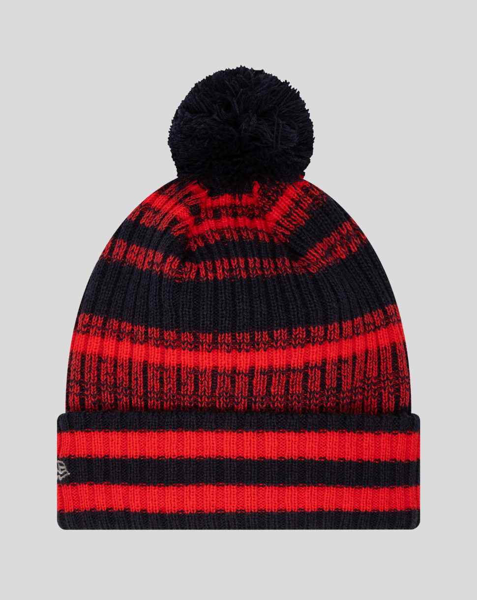 Navy blue knitted bobble beanie with fluffy pom and red stripe pattern