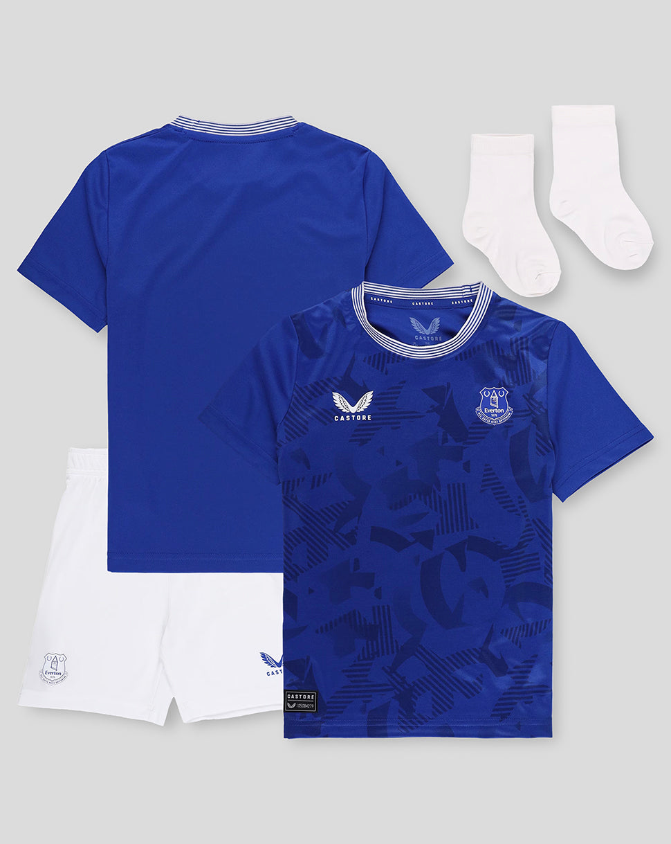Everton 24/25 home baby kit blue jersey with white shorts and socks and club crest