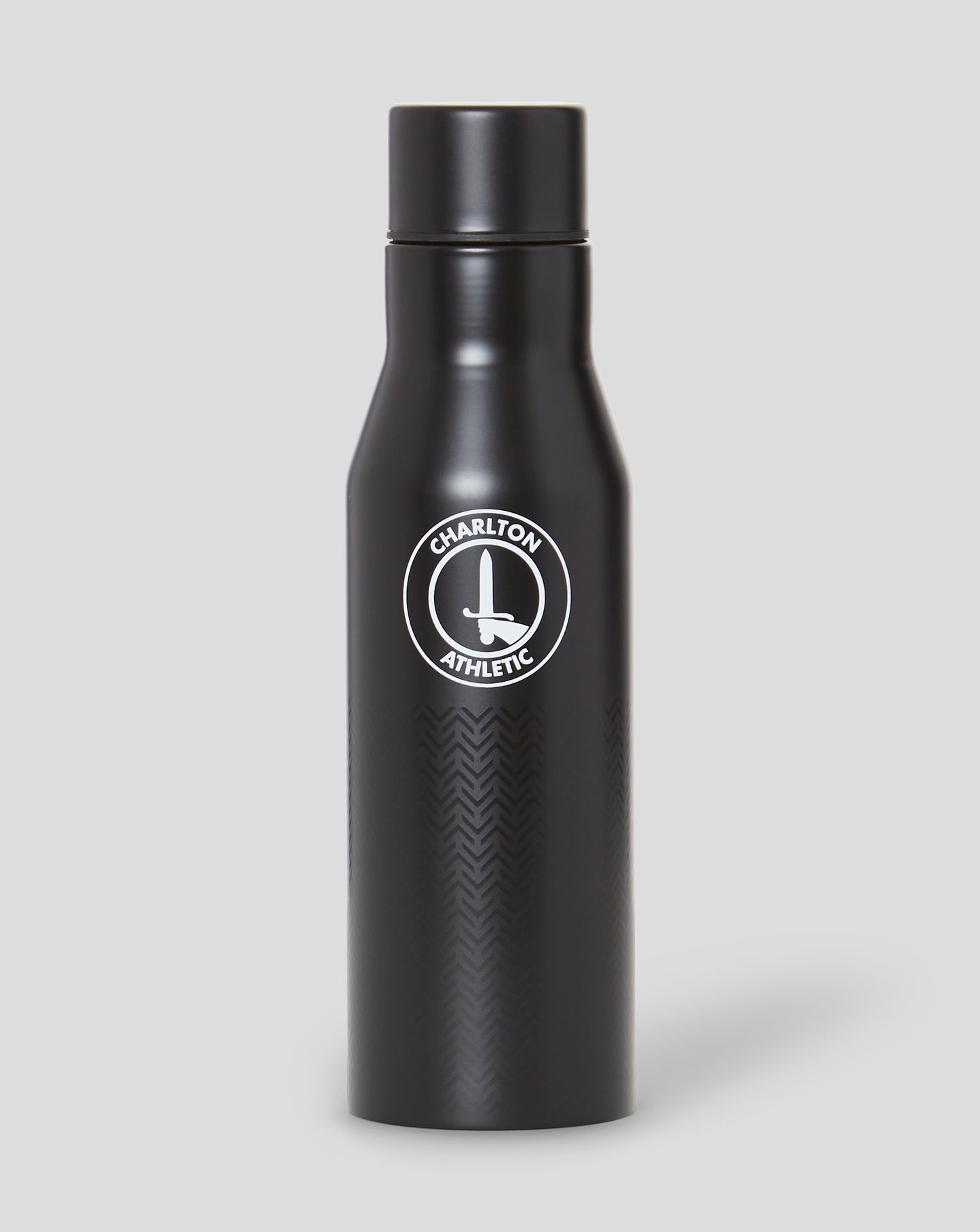 Close up of a black Charlton thermos bottle cap and neck