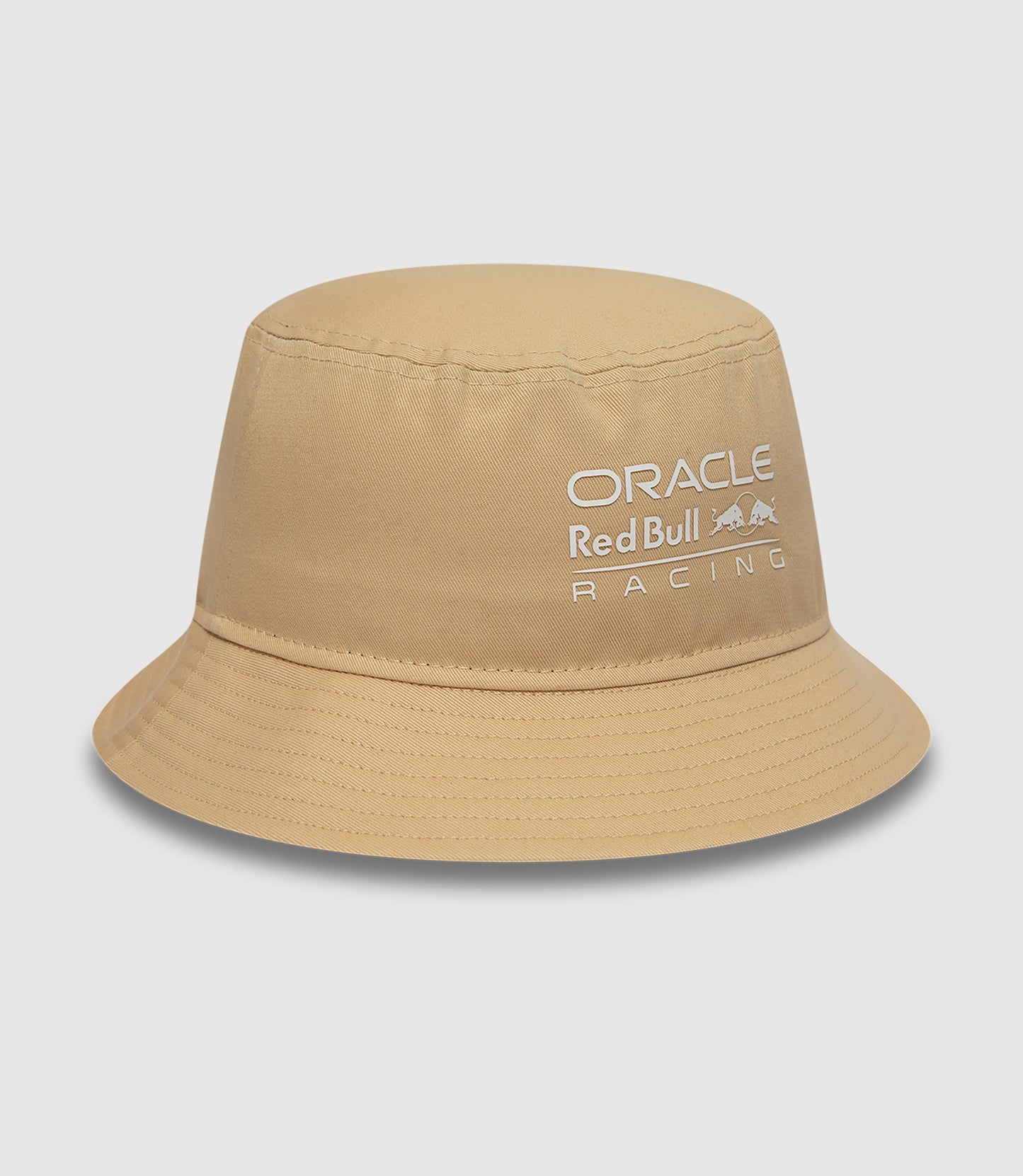 Sand colored Oracle Red Bull Racing bucket hat by New Era with front logo and side flag