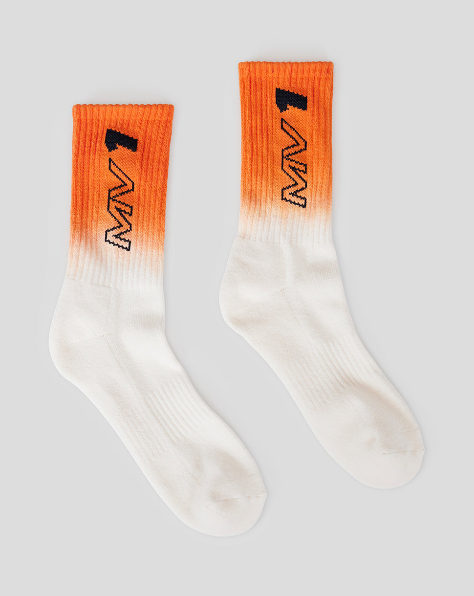Orange to white gradient driver socks with Verstappen initials and race number