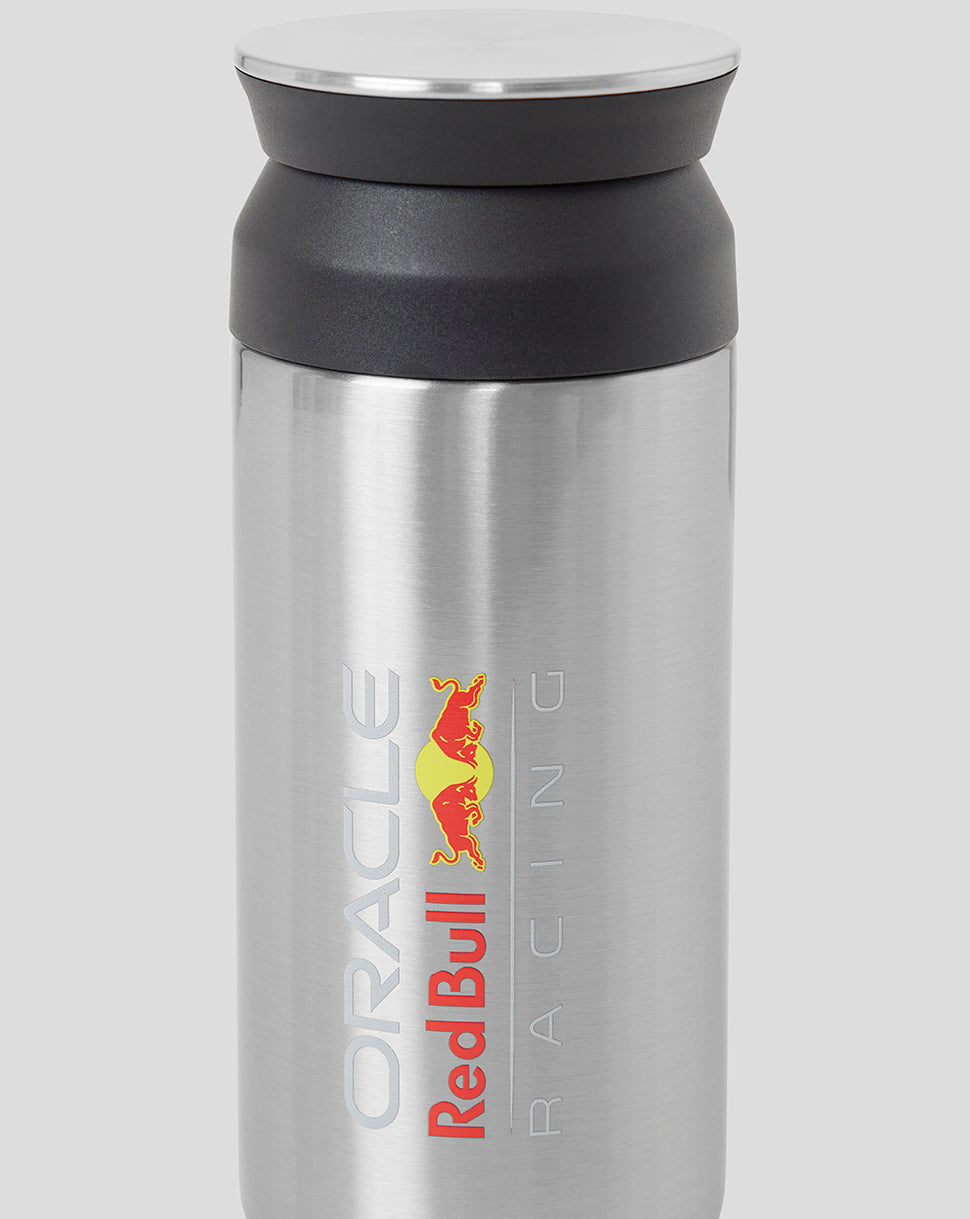 Close-up of the tumbler top with a dark gray cap and Red Bull Racing branding on the silver body