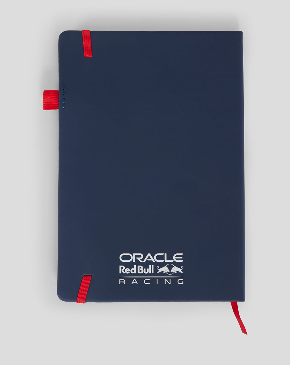 Back view of night sky navy Red Bull Racing notebook with logo on the back cover and red bookmark