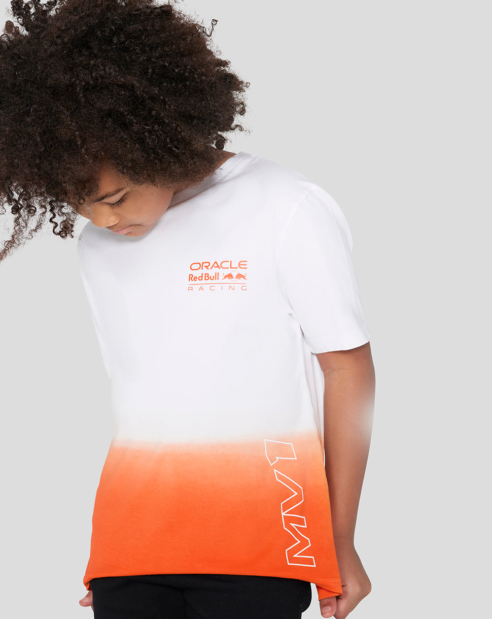 Side view of white T shirt with orange lower panel and large white MAX lettering along the side