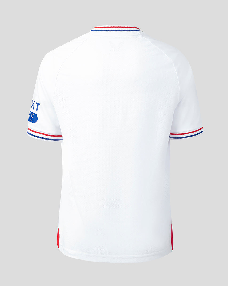 Back view of white Rangers junior away shirt with red and blue striped collar and cuffs